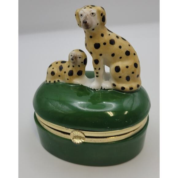 Vintage 1985 - Fitz And Floyd Dalmatian Dog Green Hinged Trinket Box 4.5" - Picture 1 of 16